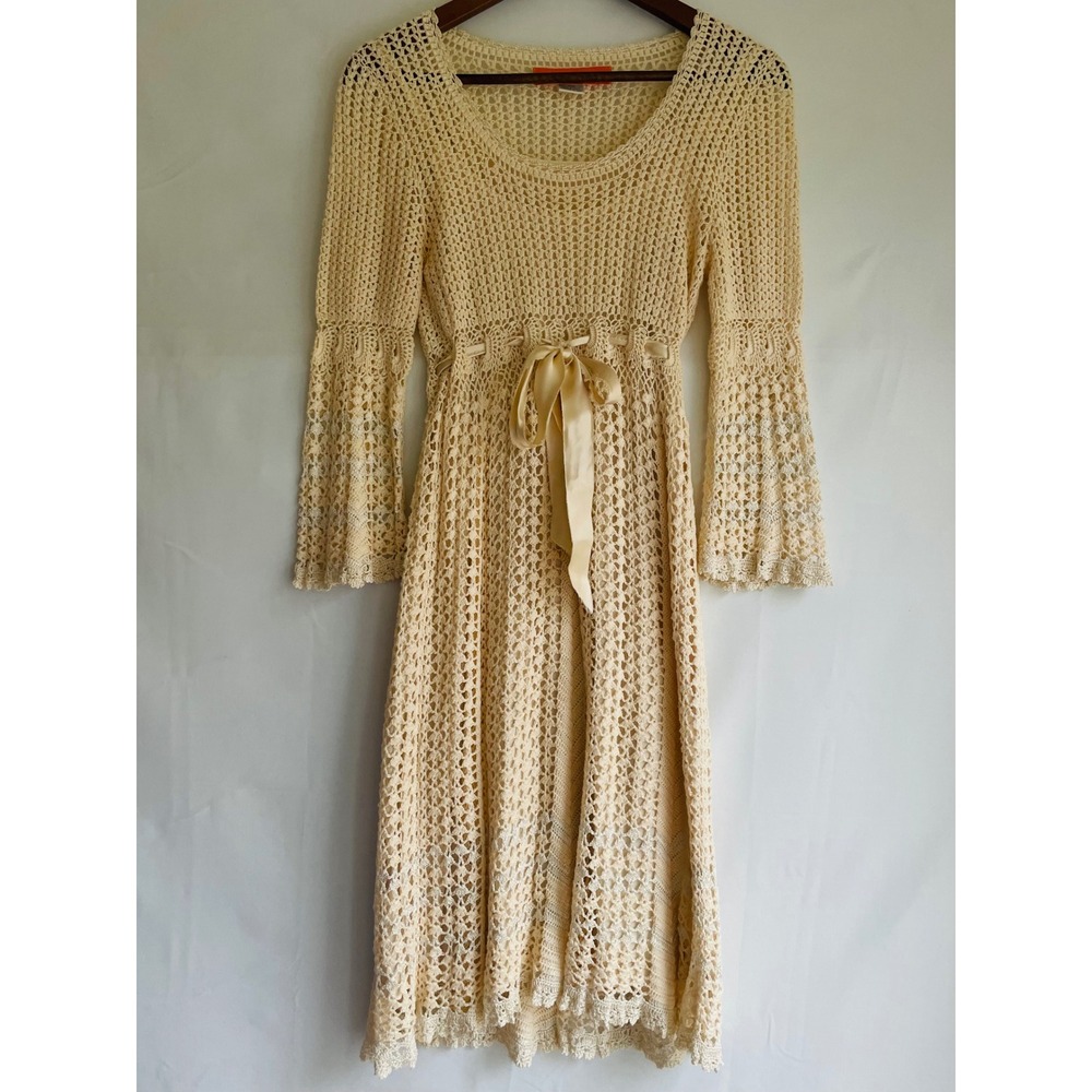 Cynthia Steffe Crochet Knit Midi Dress Cream Bell Sleeve Ribbon Waist Small